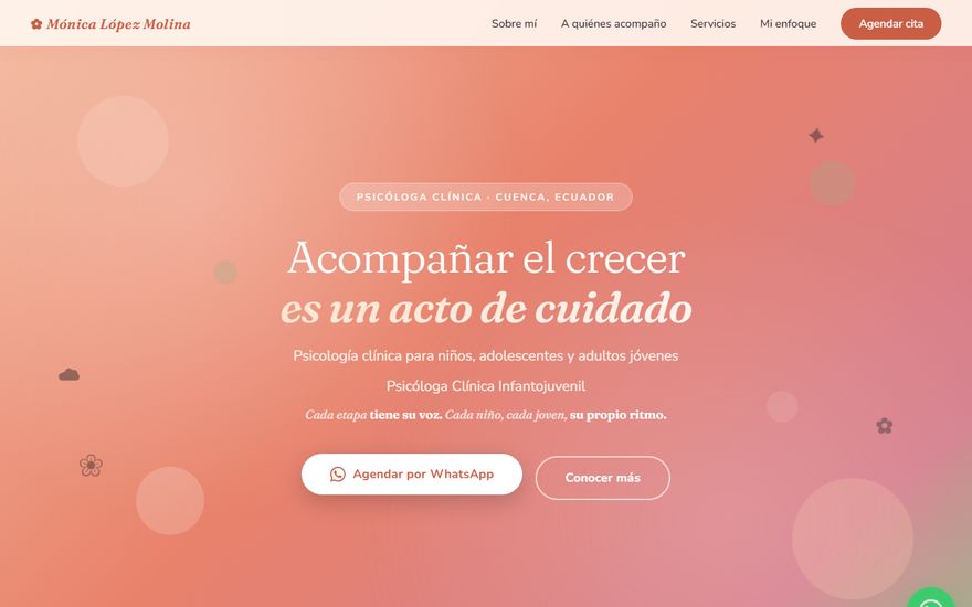 Portada del sitio de la psicóloga Mónica López con el titular Acompañar el crecer es un acto de cuidado