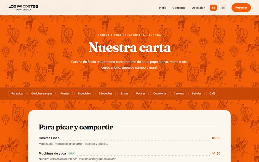 Página de la carta de Los Priostes: cabecera naranja con ilustraciones de priostes, navegación por categorías como para picar, ceviches, fuertes y postres, y el listado de platos con precios