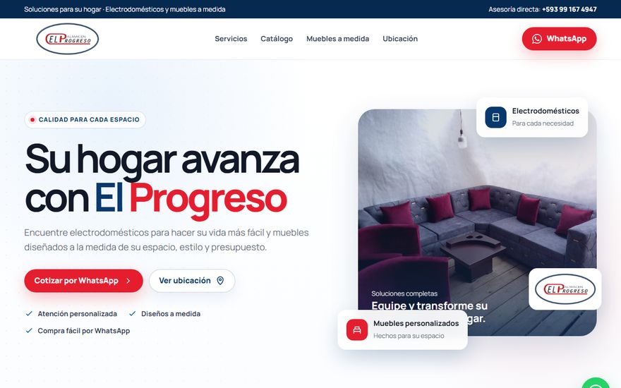 Portada del sitio de Almacén El Progreso con el titular Su hogar avanza con El Progreso y una fotografía de muebles de sala